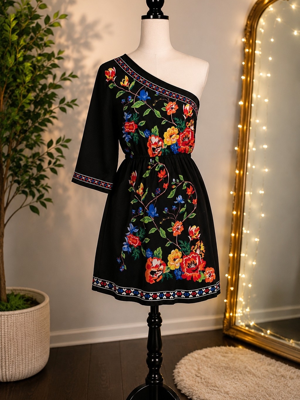 One-Shoulder Black Floral Embroidered Dress